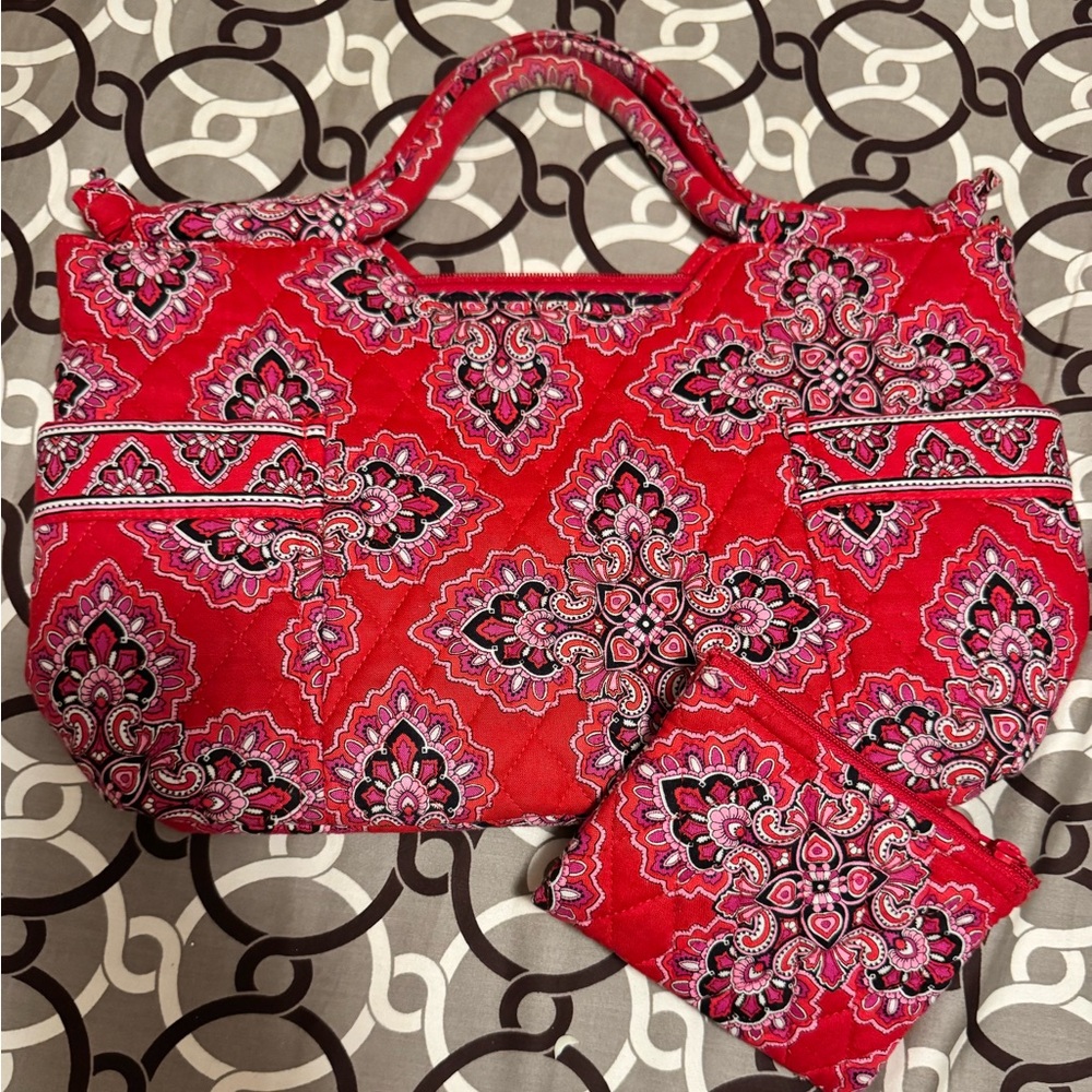 Vera Bradley Red Paisley Tote Bag with Matching Pouch